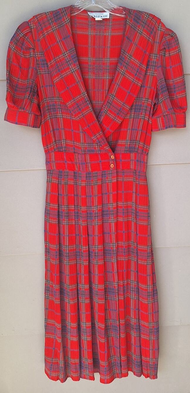 Vintage Jackie Bernard Eklektic Red Plaid Crepe Pleats Midi Dress Sailor Size 4